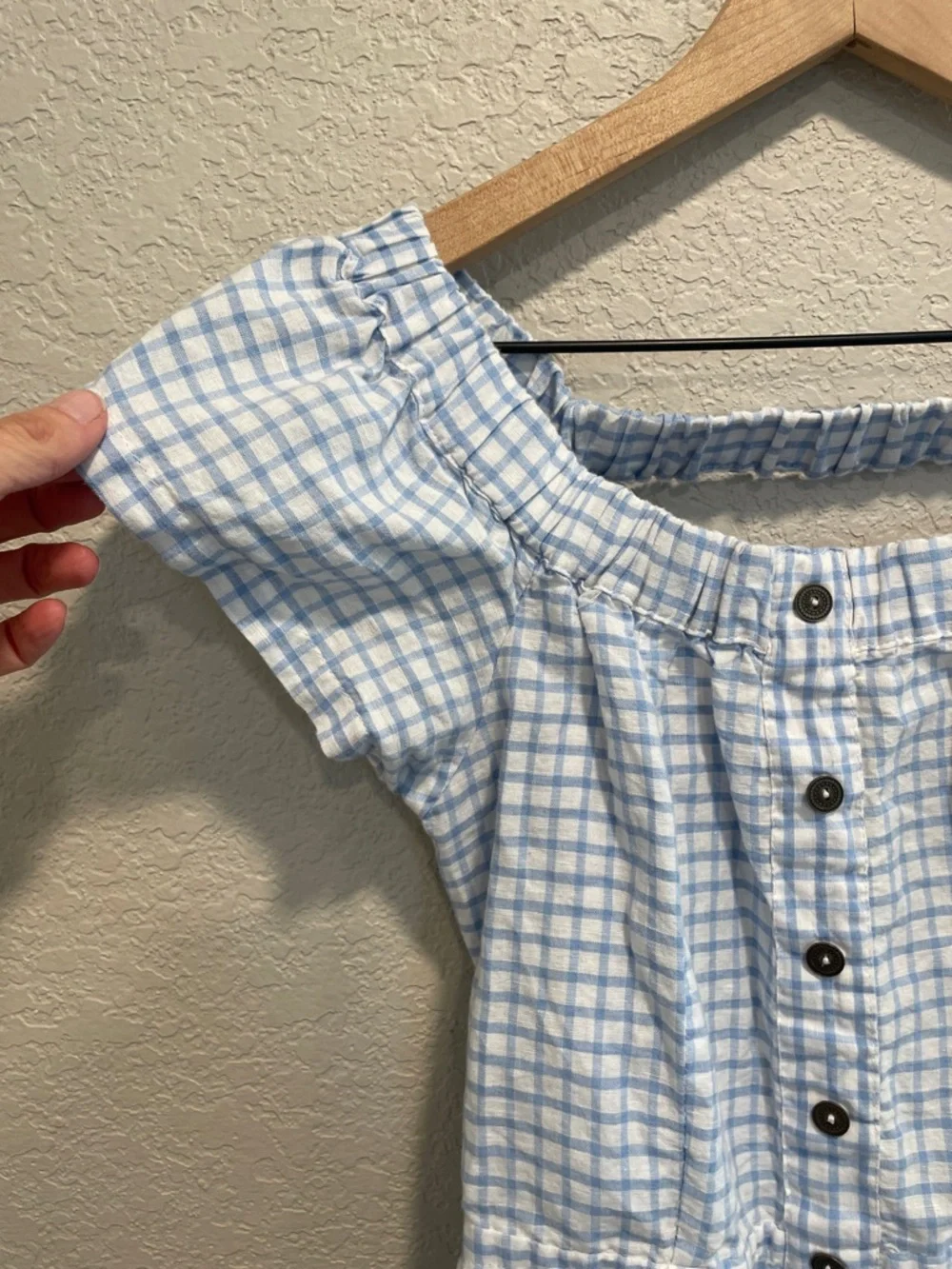 Cleobella Lou Lou Off the Shoulder Pastel Blue Gingham Mini Dress XS - Picture 5 of 8